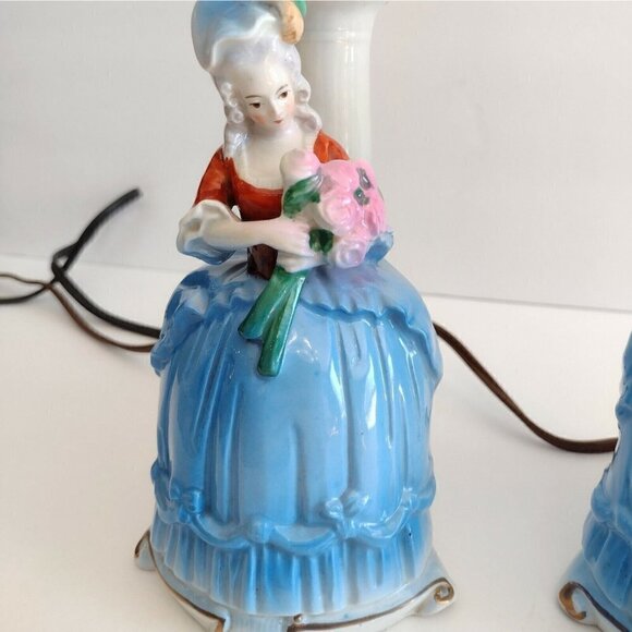 Vintage Pair Art Deco Sitzendorf German Porcelain Figurine Lamps Victorian Lady - Picture 7 of 12